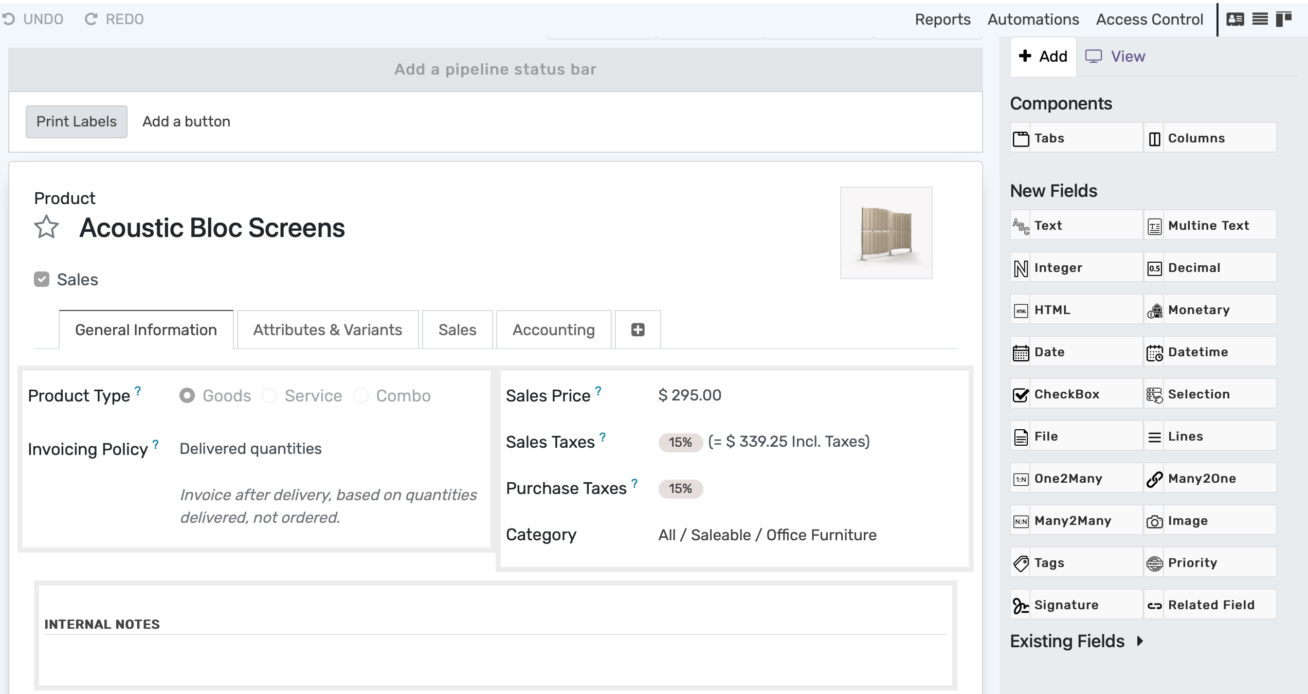 Form view emphasizing the button add a pipeline bar in OpenEduCat Studio