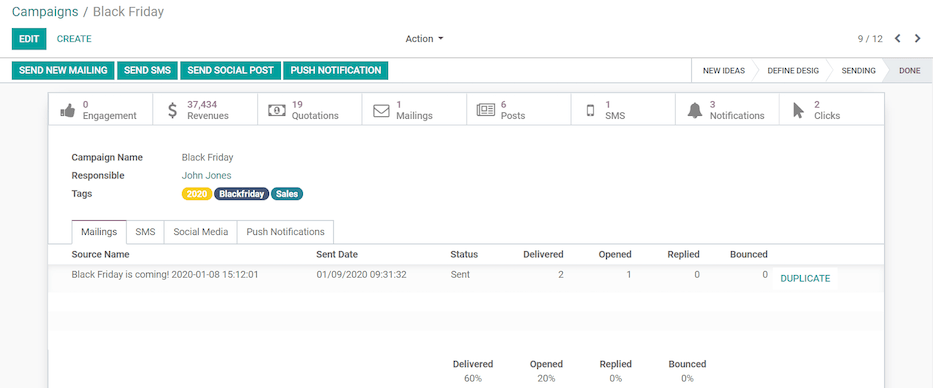 View of a sample campaign template page in openeducat Social Marketing.