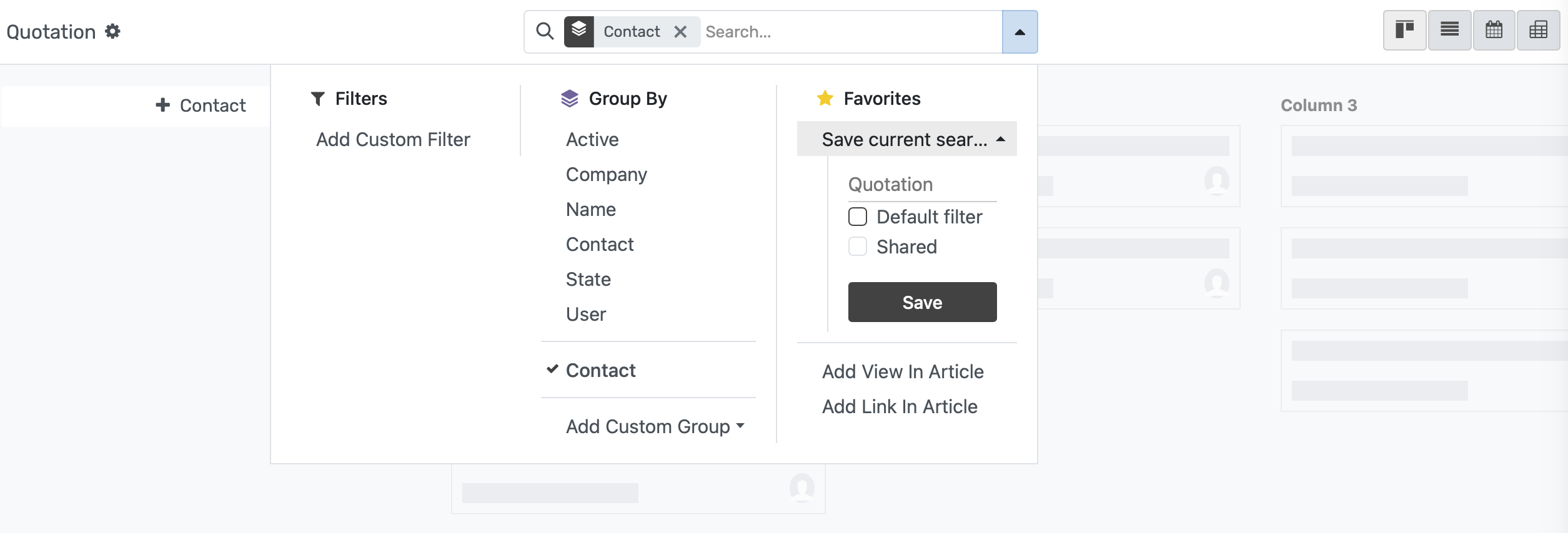 View of a custom filter being set to be used by default in OpenEduCat