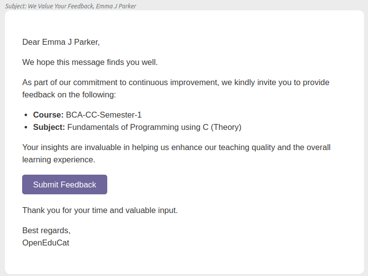 Feedback request email received by the student