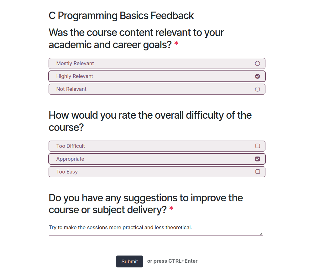 Feedback questionnaire