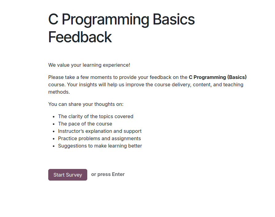 Survey start page for a feedback template