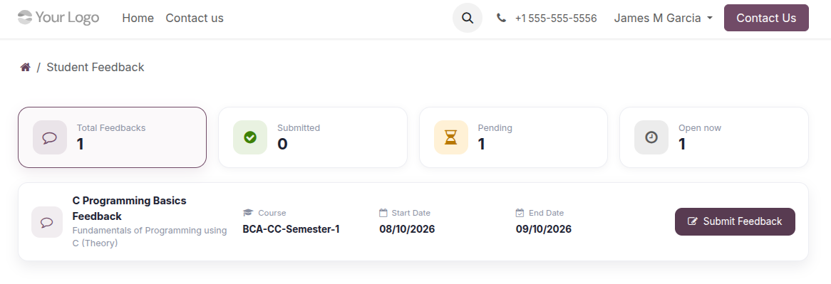 Student portal feedback list with stat cards and Submit buttons